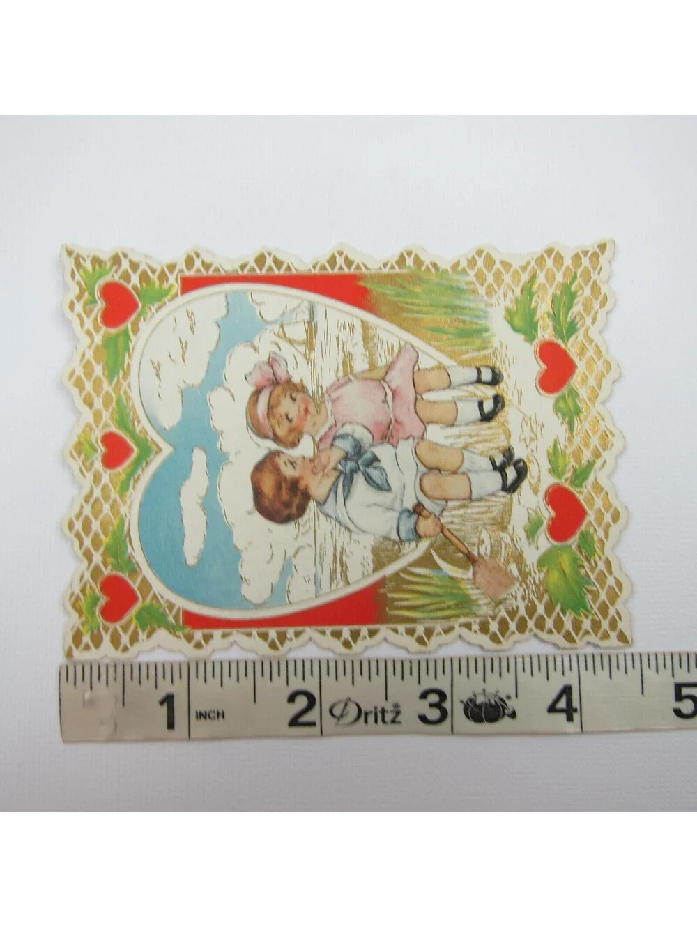 Valentine Card Boy Girl At Beach Sail Boat Gold Embossed Die cut Bifold Antique
